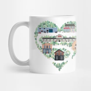 I Love the Town of Schitt's Creek, where everyone fits in. From the Rosebud Motel to Rose Apothecary, a drawing of the Schitt's Creek Buildings Mug